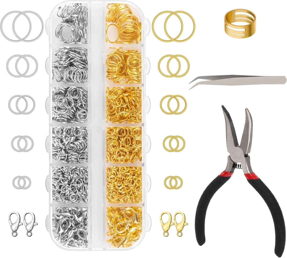 1200 Pcs Jump Rings for Jewelry Making Supplies, Necklace Repair Kit with Open/Close Tools, Pliers, Tweezers, Lobster Clasps, Jewelry Jump Rings for Crafts and Key Chains (Silver and Gold)