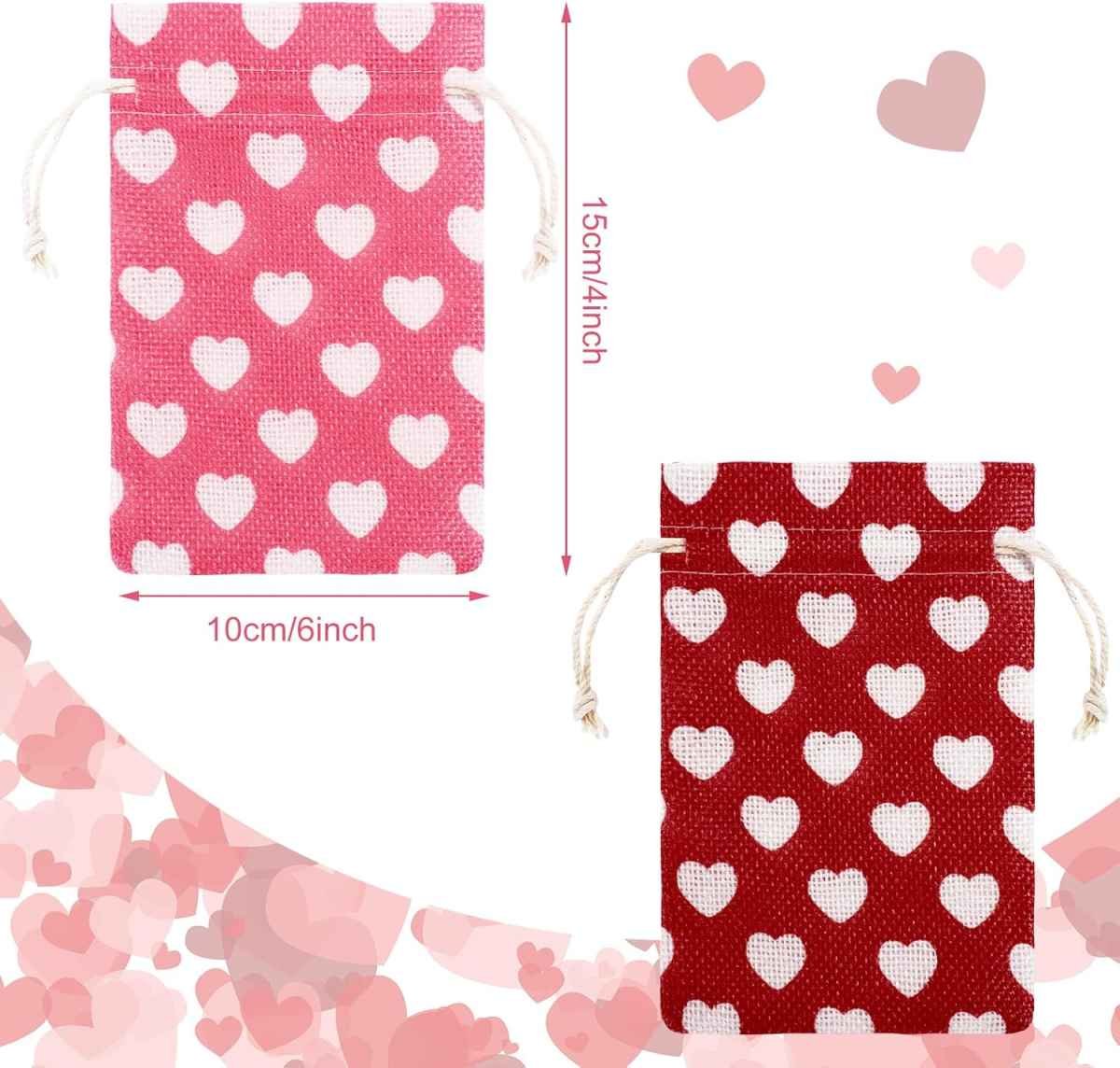 24 Pieces Valentine's Day Burlap Bag with Drawstring Linen Heart Red and Pink for 4 x 6 Inches Party Favor Gift Bags Packing Storage Pouch -
