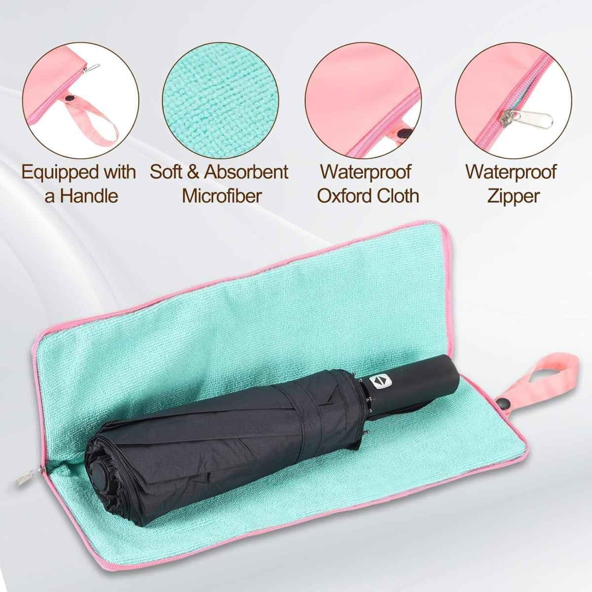 46 inch Wine Red Windproof Automatic Travel Folding Umbrella and Black Absorbent Hanging Storage Pouch Set – Compact 3-Fold Auto Open Close Umbrella wth Double Canopy and 10 Reinforced Ribs for Rain & Sun Outdoor Use