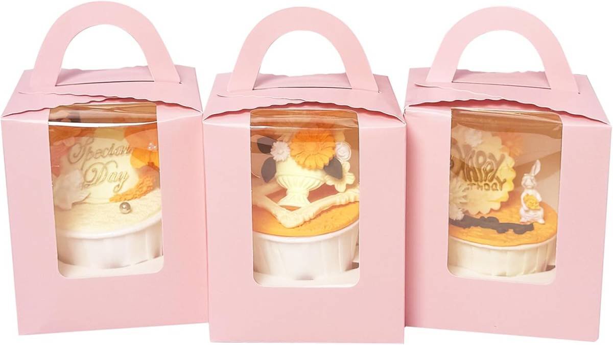 Auto-pop up Individual Cupcake Boxes with Window 25 Count Pink Single Cupcakes Box 3.7 x 3.7 x 4.3inch Cupcake Carrier