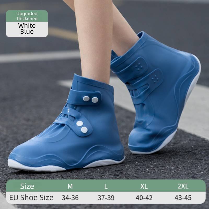 Thickened Waterproof Silicone Rain Shoe Covers with Adjustable Double Buckle Closure, Durable Non-Slip Reusable Overshoes for Men and Women Hiking Camping Daily Use, Blue White Blocking, 2XL Size (EU 43-45)