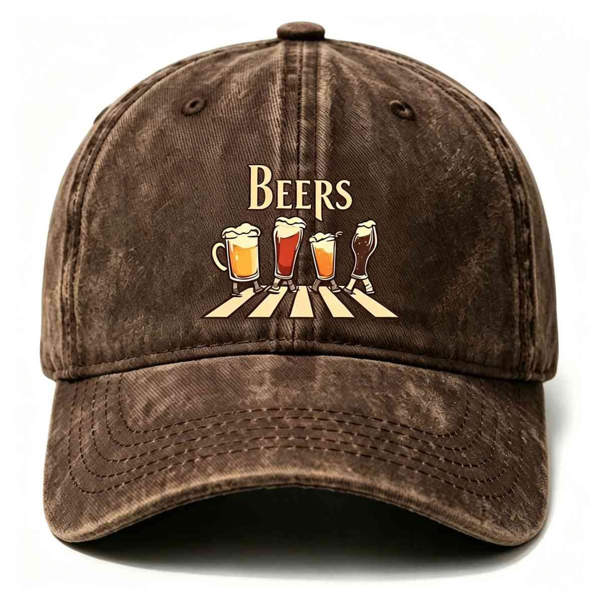 Washed Distressed Beer Print Baseball Cap - Vintage Cotton Adjustable Dad Hat for Men - Outdoor Sun Protection Casual Cap - Brown