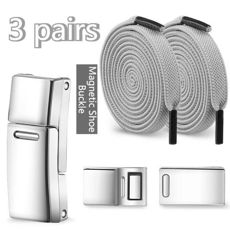 3-Pair Set - Magnetic Wide Elastic No-Tie Shoelaces, Lazy Magnetic Lock Stretch Laces for Kids and Adults - Gray