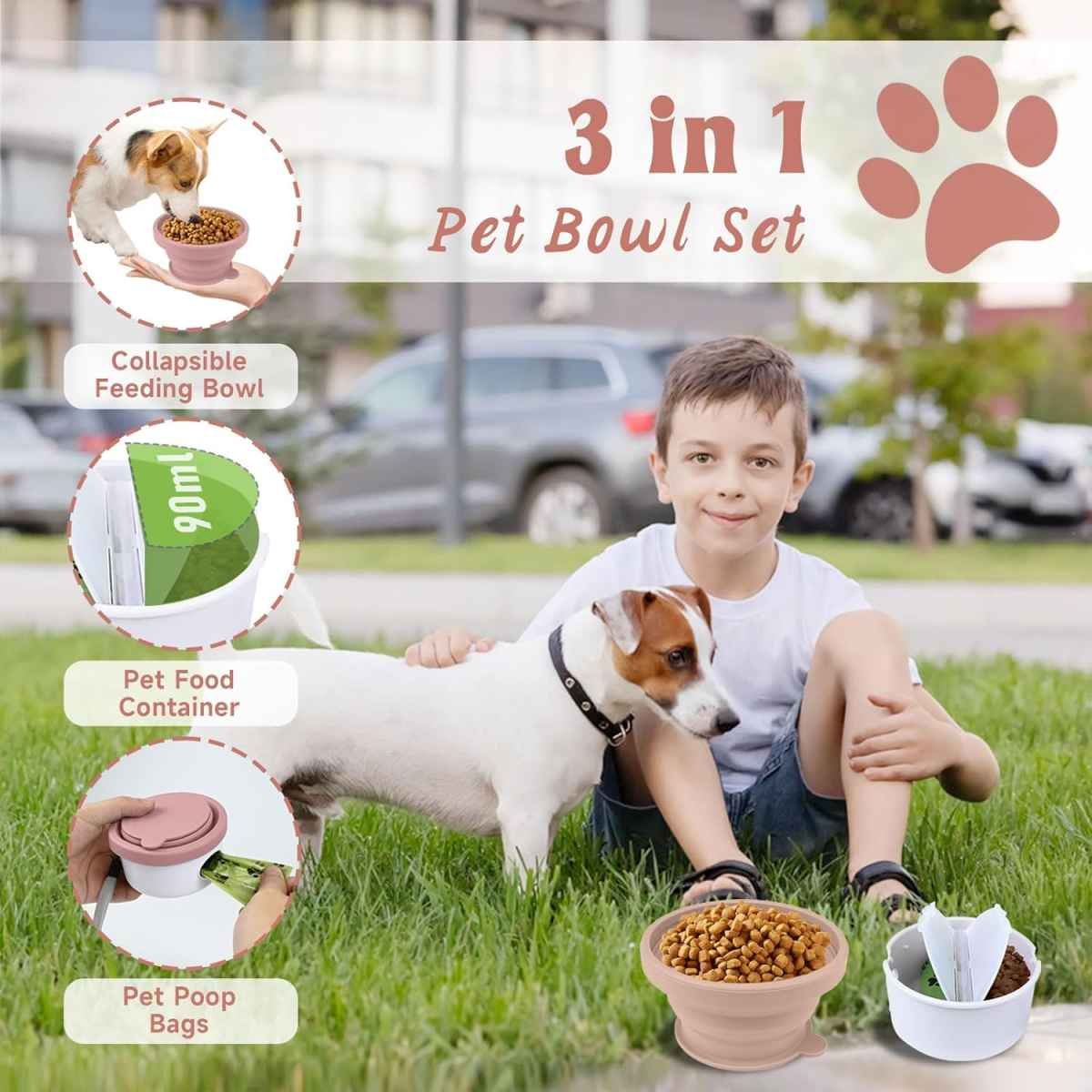 Collapsible Dog Bowl for Travel Double Feeder and Water Bowl with Lid and Carrying Strap