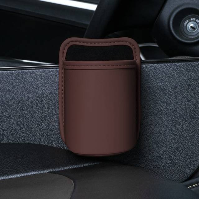 Coffee Waterproof Leather Car Hanging Storage Organizer with Back Clip 14.5 x 10.5CM – Mutifunctional Car Trash Bin Cup Holder Phone Storage Pocket for Seat Back, Door & Center Console