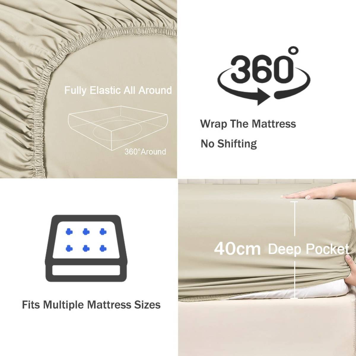 3 Piece Fitted Sheet Set- Fitted Sheet & Pillowcases -Breathable Bedding - Wrinkle, Fade, Stain Resistant- 40cm Deep Pocket Fitted Bed Sheet Set(Camel Beige,King)