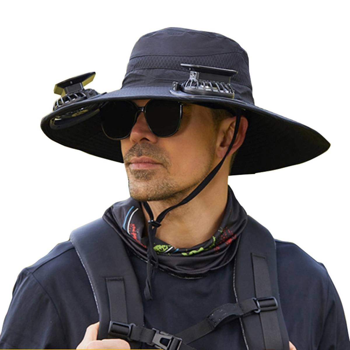 Darzheoy Solar Fan Hat Wide Brim Solar Fan Hat Outdoor Wide Brim Sun Hat with Solar Fan Fishing Hat, Removable & USB Charging Fan A-Black
