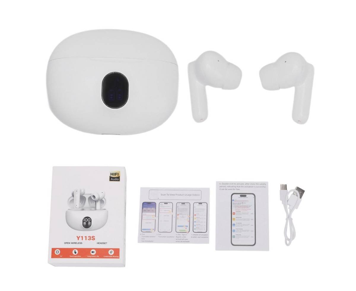 Language Translator Earbuds 144 Languages Bluetooth 5.4 Wireless Translation Device for Travel Business and Learning White
