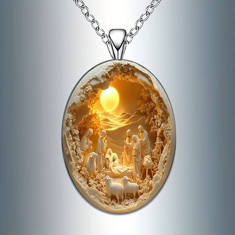 3D Nativity Scene Necklace-  Oval Pendant, Jesus Birth Christmas Easter Gift for Women Men, Zinc Alloy Chain Necklace