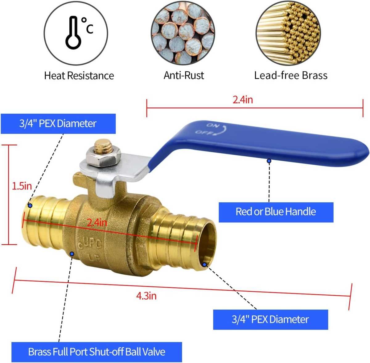 10pcs PEX Ball Valves, 3/4" PEX Brass Full Port Shut Off Ball Valve, Full Port Shut-off Ball Valve, Quarter Turn HOT (RED) COLD (BLUE) of Water Stop Shut off