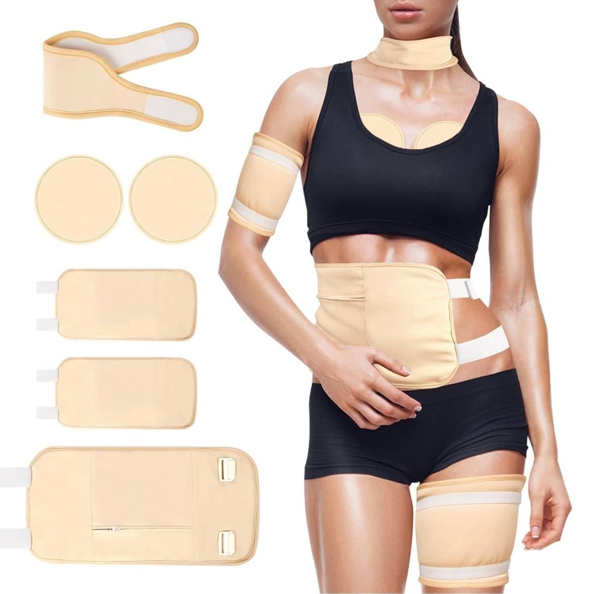 Castor Oil Wrap Set for Women, 6-Piece Reusable Organic Cotton Pack Set for Neck, Waist, Chest and Knee, Adjustable Elastic Straps, Compression Wraps