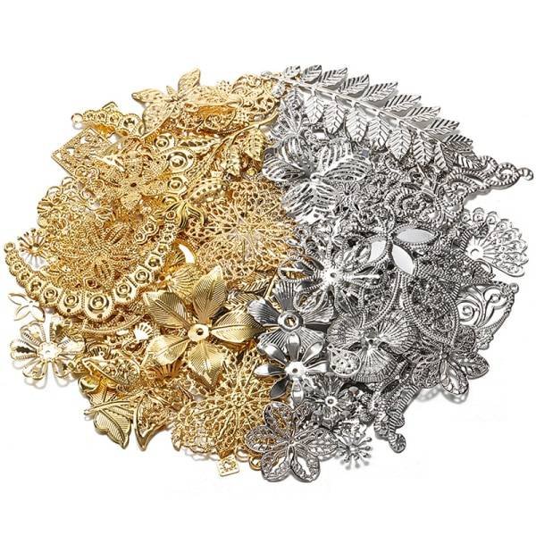 50g/lot Mixed Metal Flower Petals Filigree Wraps Clutches White