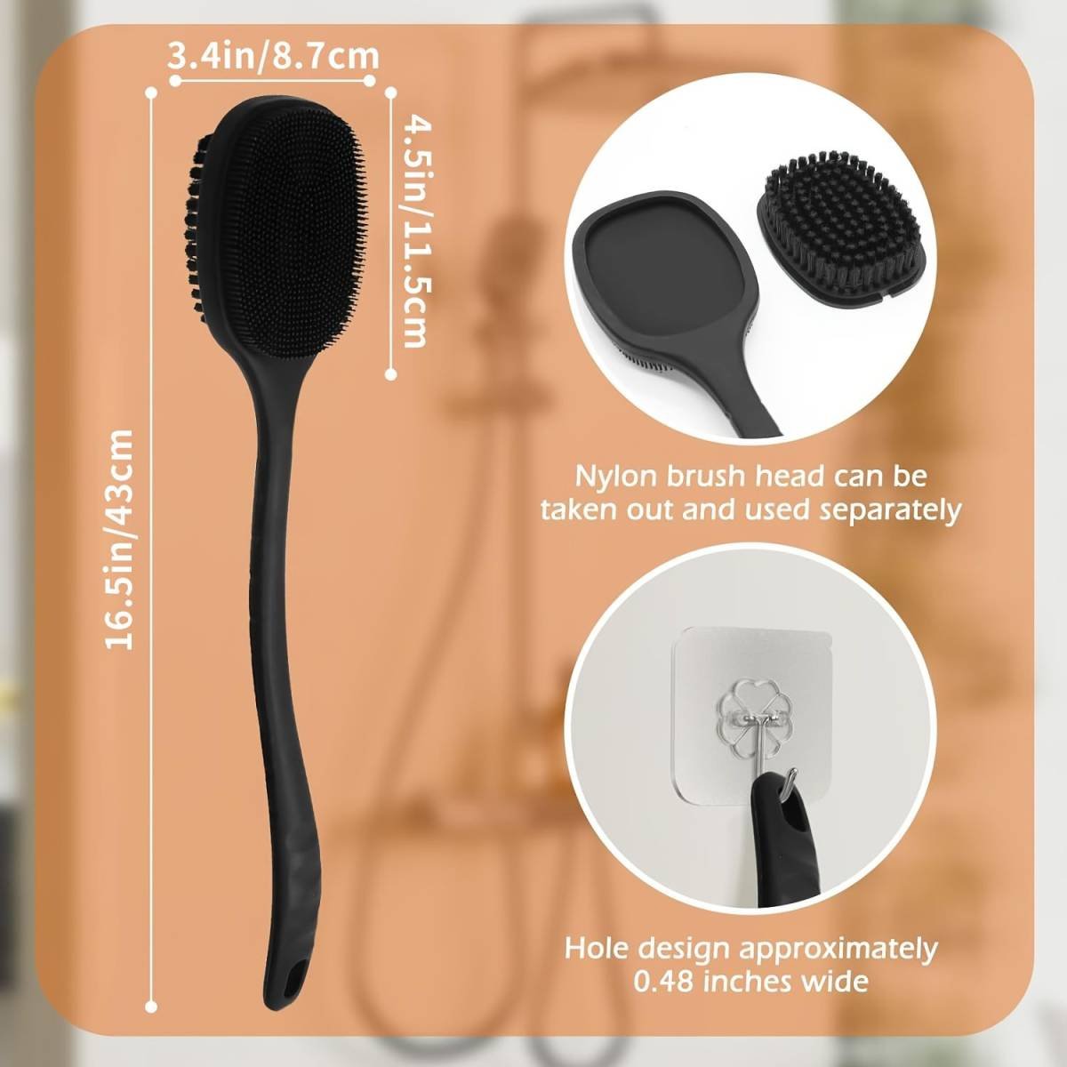 Body exfoliating long handle shower brush, gentle exfoliating body scrub, easy to clean, rich foam, long-lasting fragrance