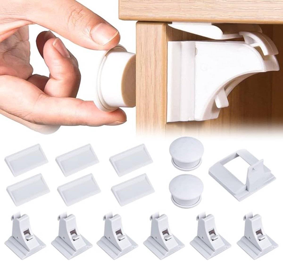Magnetic Child Lock for Cabinets - Self-Adhesive Safety Hooks - 6 Locks and 2 Keys - Magnetic Lock - Cabinet Security for Children - Baby Toddler Magnetic Security for Cabinet, Door, and Drawer - Magnetic Closure - No Drilling or Screws - White