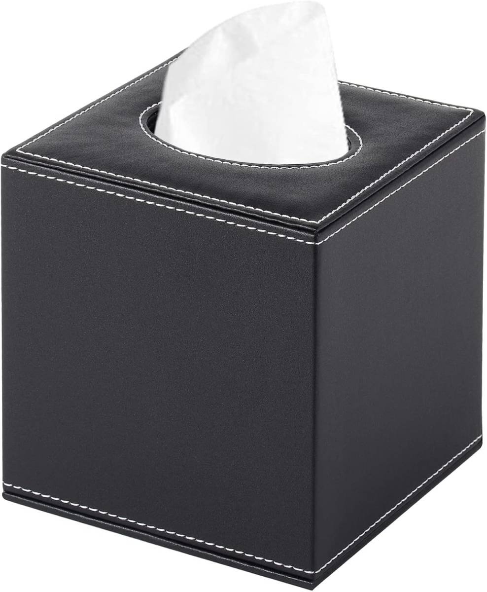 PU Leather Tissue Box Cover Square,Upgrade Large Size Napkin Holder Pumping Paper Case Dispenser,Facial Tissue Holder with Magnetic Bottom for Home Office Car Hotel Restaurant Black (Black-1)