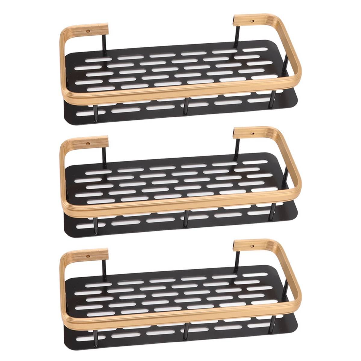 Shower Storage Rack 3 Layers Punch Free Rectangle Aluminum Shower Shelf Basket for Home Bathroom Black Gold