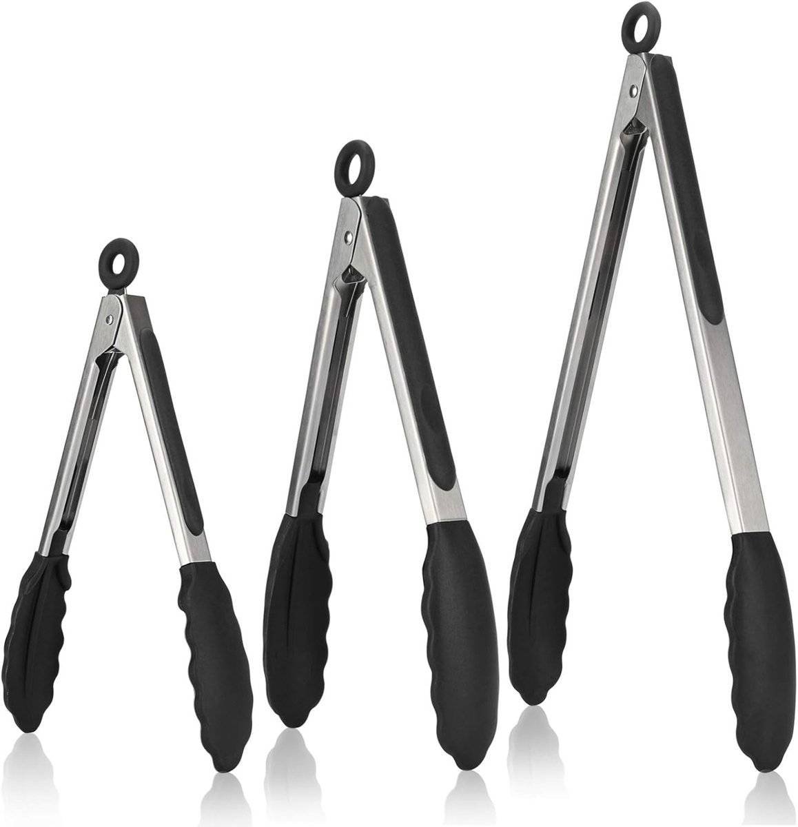 3-piece kitchen tongs set - 7/9/12 inch - Grill tongs - Grill accessories - With hanging loop - Cooking tongs - Heat resistant - Silicone non-stick coating - Stainless steel handles - Ideal for grilling food, salads, frying, and serving - Black