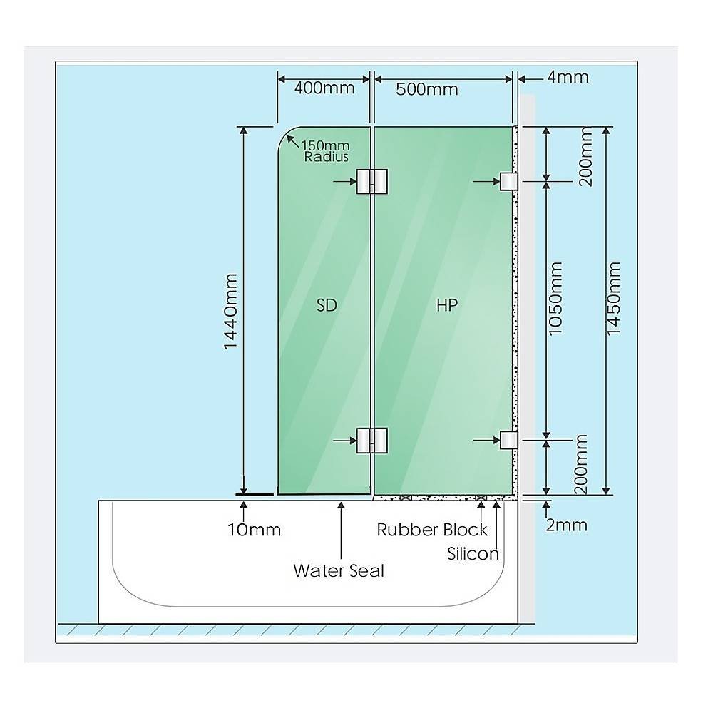 90cm Frameless Glass Bath Screen – Wall Channel with Brass Hinges in White Finish