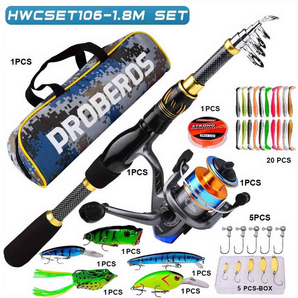 Proberus fishing rod reel set, including spinning reel, 1.8-meter fishing rod, fishing line, artificial bait, lead weight hook, complete set with storage bag