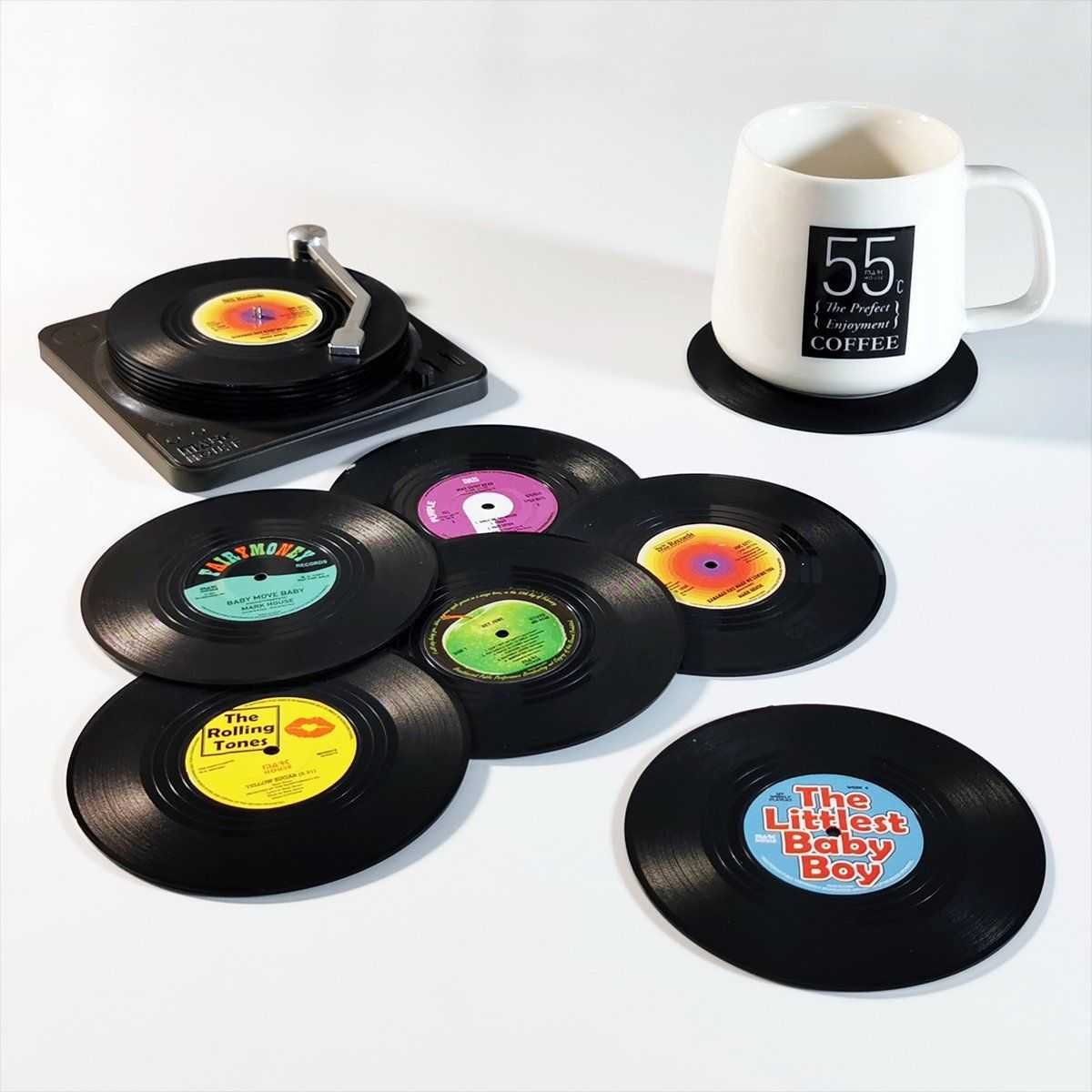 6 Pack Vinyl Record Drink Coasters with Record Player Holder, Retro Cup Mats, 10.5 cm