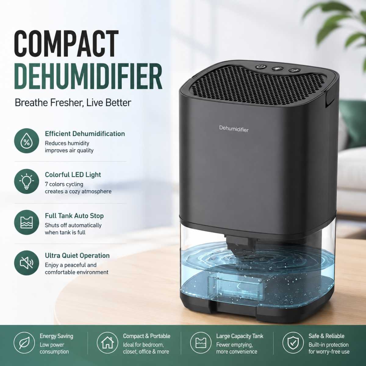 Black Mini Quiet Dehumidifier for Bedroom - 1000ml Water Tank Portable Home Moisture Absorber with Air Purification Filter, RGB Night Light and Auto Shut-Off