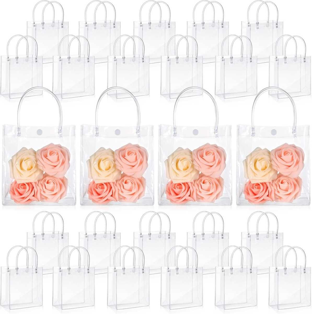 50pcs Clear Plastic Gift Bags with Handles PVC Reusable Transparent Totes Bags for Goodie Candy School Birthday Party(5.9 x 6.3 x 2.8 Inch)