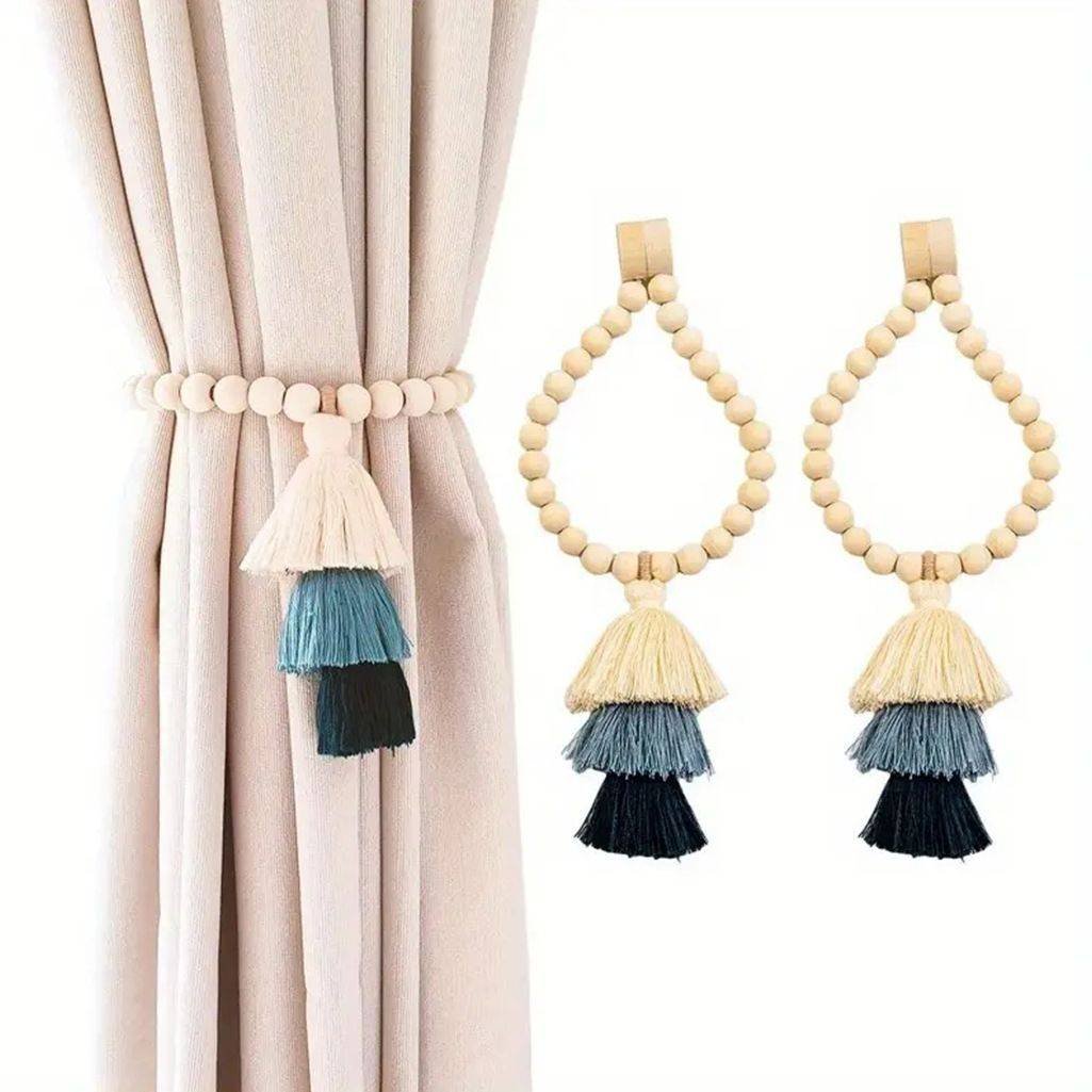 Handmade Magnetic Wooden Bead Curtain Tiebacks 2 PCS | Simple Elegant Magnetic Tassel Curtain Tie Backs | Accessories Wall Decoration | Drapery Tiebacks for Bedroom Window Treatment