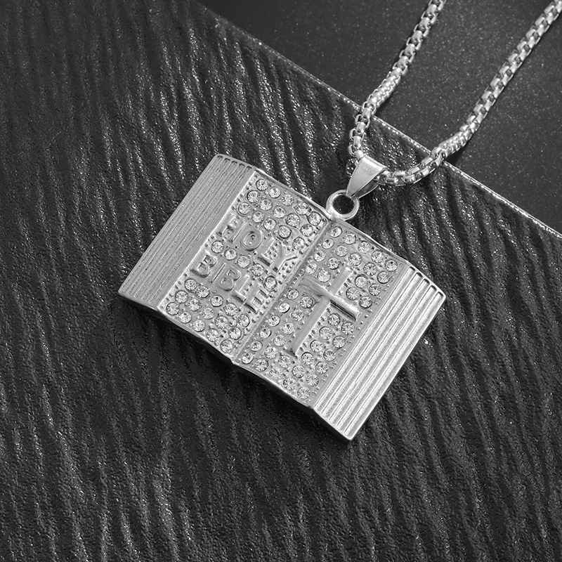 Steel-colored Vintage Holy Bible Book Pendant Necklace -  Plated Alloy Cross Scripture Book Pendant with Crystal Rhinestones-Gift for Men and Women