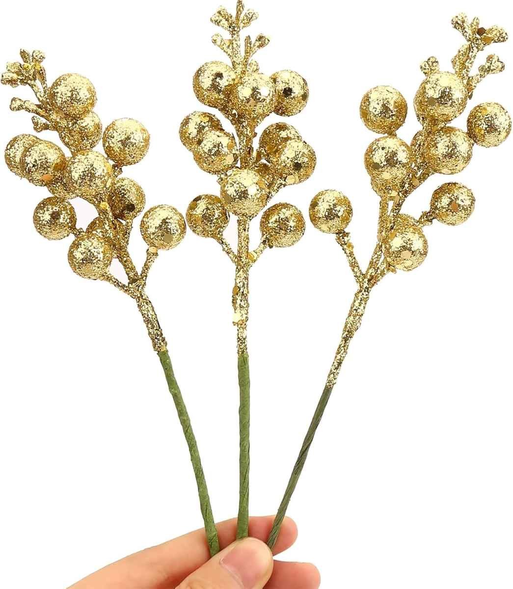 20 Gold Glitter Berry Ornaments Christmas Tree Decorations Artificial Xmas Tree Filler DIY Wreath Festive Home Decor