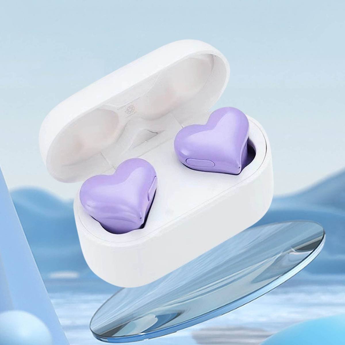 Heart Shaped Earbuds, Stylish Headphones HiFi Stereo Sound Waterproof Bluetooth 5.3 Earphones with Charging Case for Girls Women, Noise Reduction Sports Wireless In Ear Bluetooth Earphones Purple