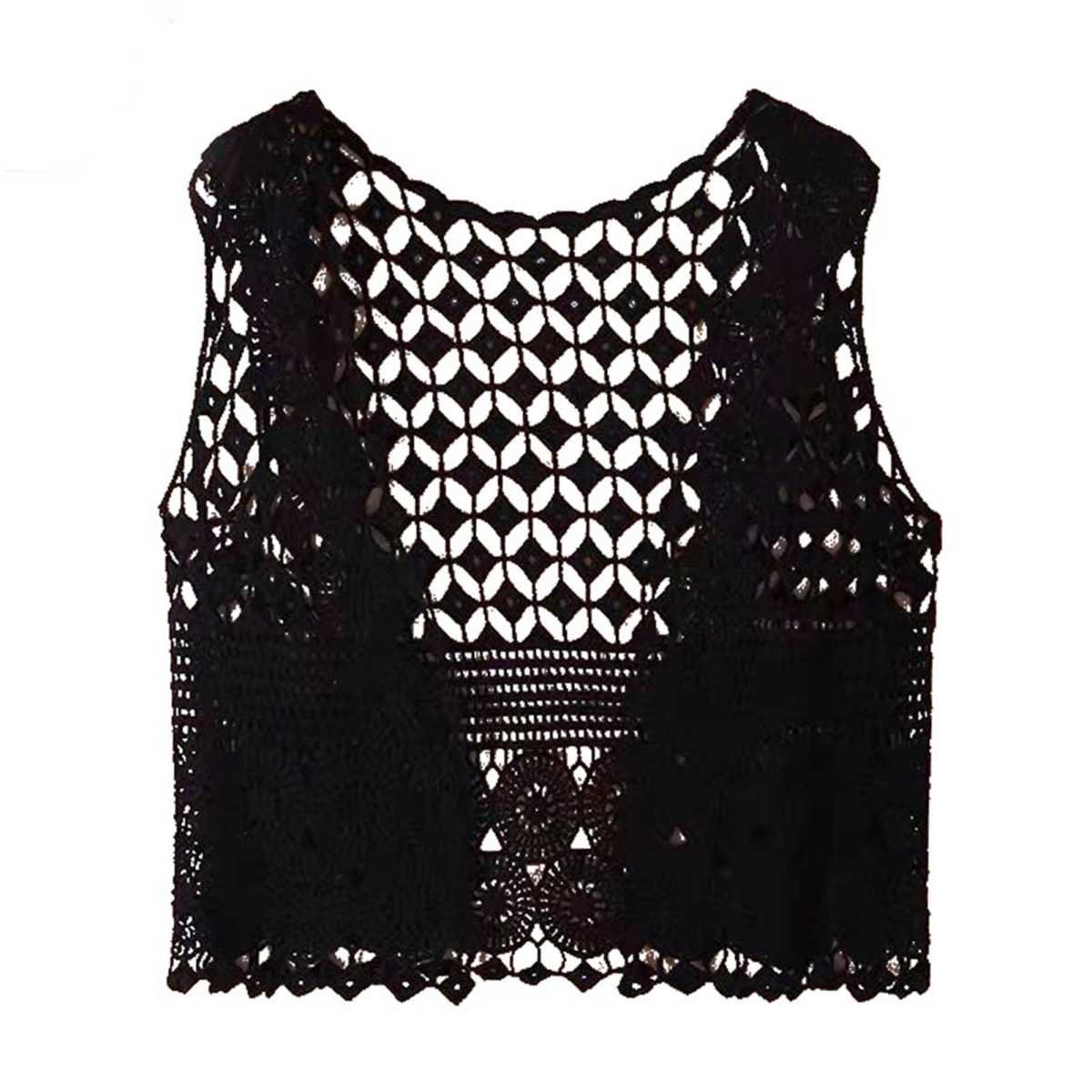 Women Vest Women's Sleeveless Knitted Hollow Vest Retro Crochet Cardigan for Summer Spring Autumn Sleeveless Cardigan One Size Black