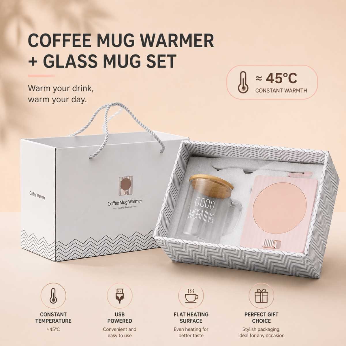 Pink Coffee Mug Warmer Set with Glass Mug and Lid USB Powered 13W Constant Temperature Heating Coaster Approx 45C for Office Home Gift Use