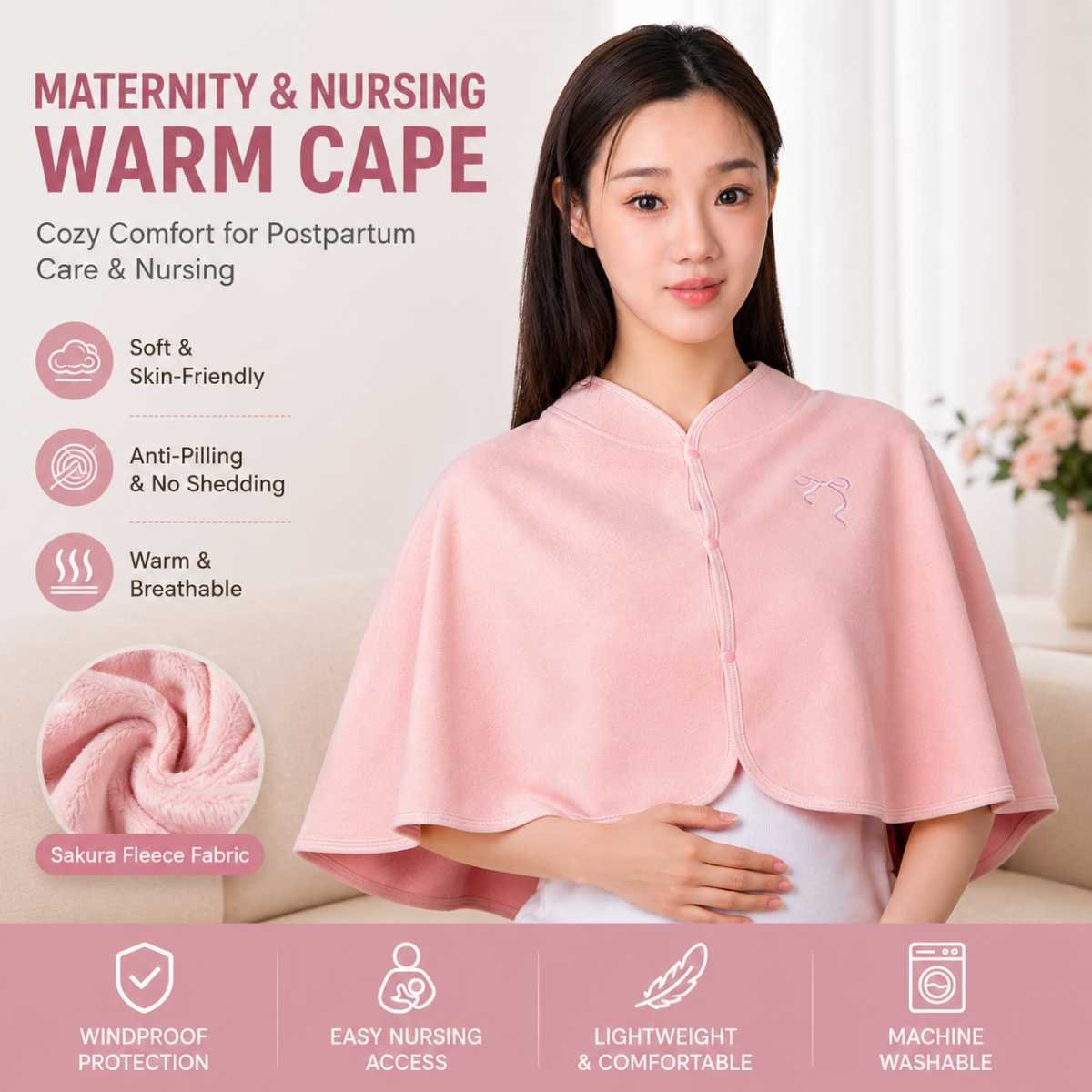 Pink Maternity Nursing Shoulder Wrap Cape – Ultra Soft Sakura Fleece Postpartum Shawl, Windproof Warm Nursing Cover for Breastfeeding, Pregnancy & Winter Comfort