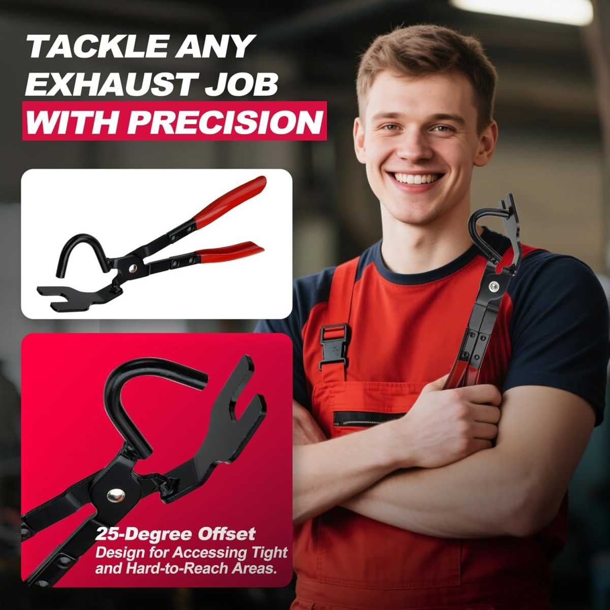 Exhaust Hanger Removal Tool, Heavy-Duty Exhaust Hanger Pliers for Car & Truck Rubber Exhaust Hangers, 25° Offset Design, Non-Slip Grip, Compatible with Most Exhaust Systems