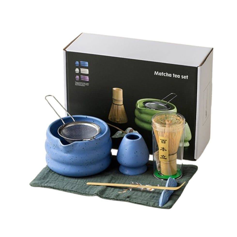 7-Piece Ceramic Matcha Tea Set with Bowl Whisk and Accessories, Blue