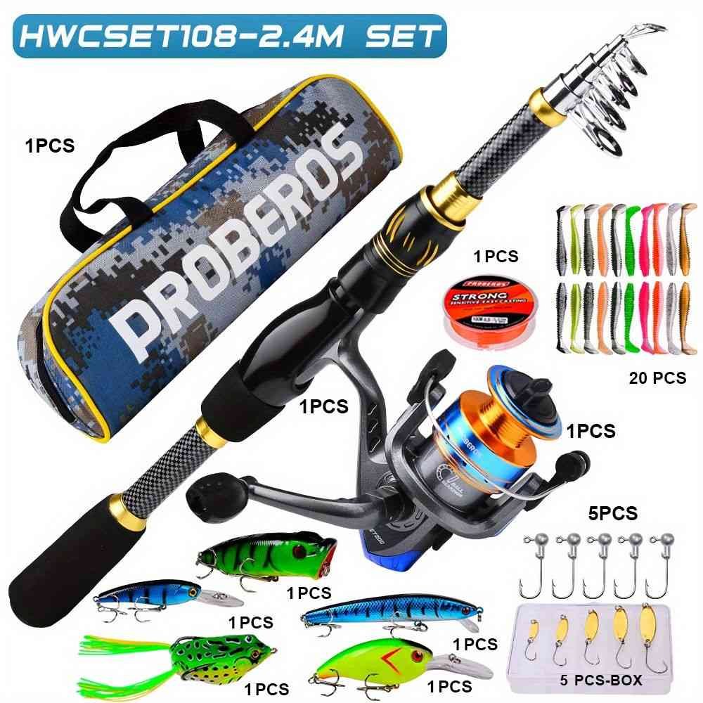 Proberus fishing rod reel set, including spinning reel, 2.4-meter fishing rod, fishing line, artificial bait, lead weight hook, complete set with storage bag