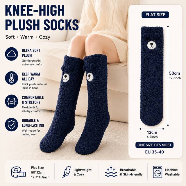 Navy Blue Winter Women’s Cute Bear Plush Knee High Slipper Socks – Warm Fleece Floor Socks and Sleeping Socks with Non-Slip Grips, One Size for EU 35-40