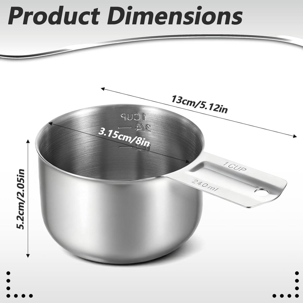 Xindojuz 1 Cup Single Stainless Steel Measuring Cup, Etched Inner Scale Metal Measure Scoop for Cooking Baking, Laundry Detergent, Wet and Dry Ingredients, Dishwasher Safe (240 ml, 8 oz)