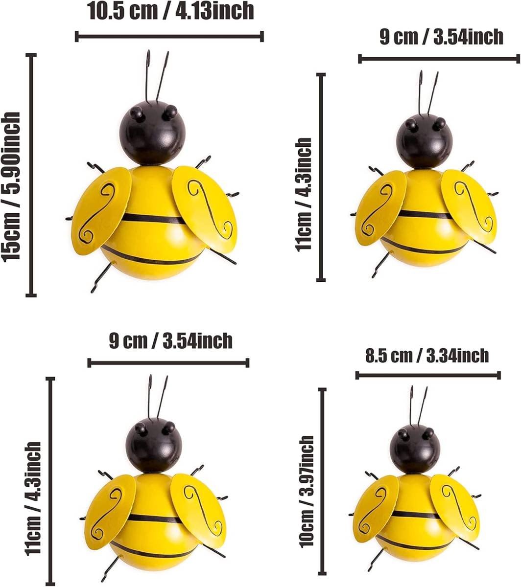 Metal Wall Art, 4PCS Metal Bumble Bee Wall Decor, 3D Iron Bee Art Sculpture Hanging Wall Decorations for Outdoor Home Garden