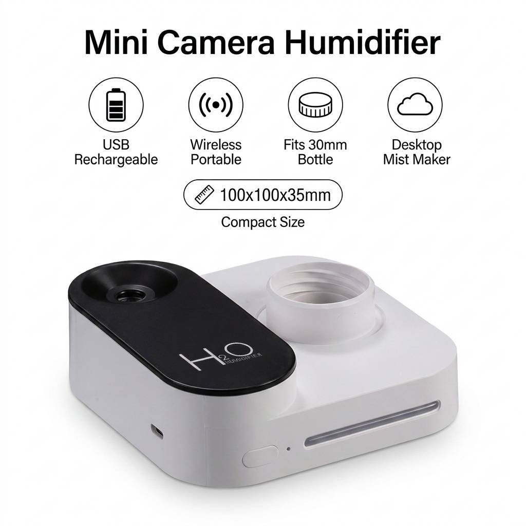 White Mini Camera Humidifier, USB Rechargeable Portable Water Bottle Humidifier with LED Night Light, Wireless Desktop Mist Maker for Office, Bedroom, Travel & Car