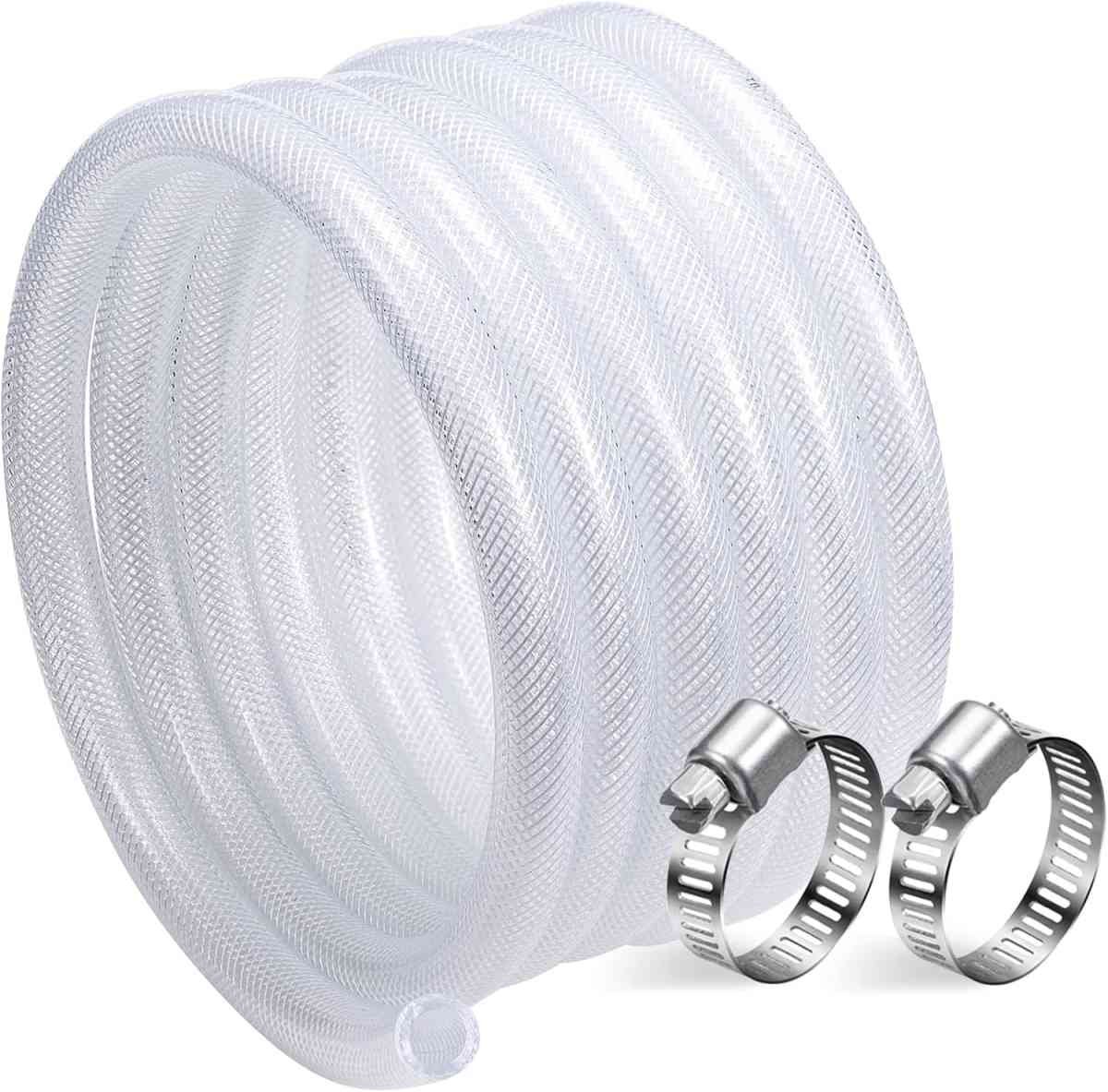 1/2" ID - 50 ft Heavy Duty Braided Clear Plastic Vinyl Tubing, Flexible High Pressure Reinforced PVC Plastic Tube Hose, Non-toxic, BPA Free, with 2 Stainless Clamps