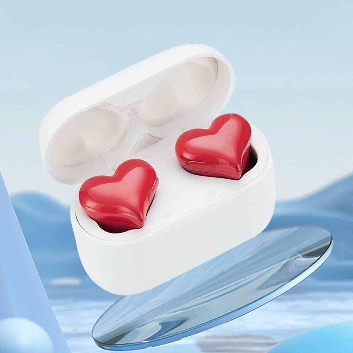 Heart Shaped Earbuds, Stylish Headphones HiFi Stereo Sound Waterproof Bluetooth 5.3 Earphones with Charging Case for Girls Women, Noise Reduction Sports Wireless In Ear Bluetooth Earphones Red