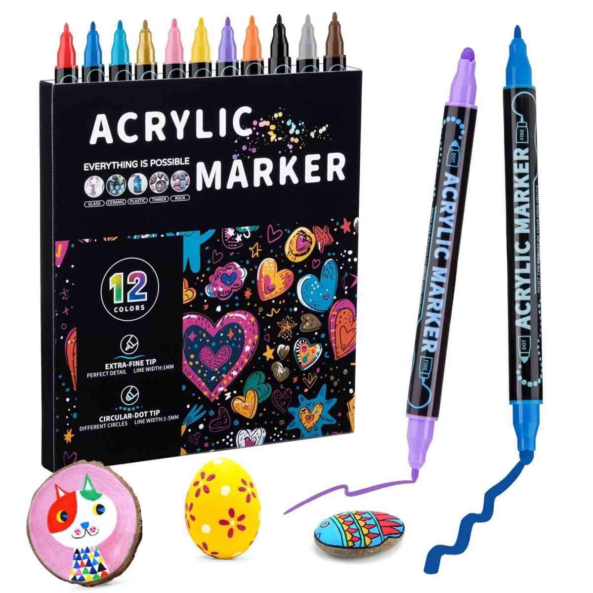 12-Color Dual-Tip Acrylic Marker Set, 1-5 mm Round Tip and 1 mm Fine Tip Paint Pens