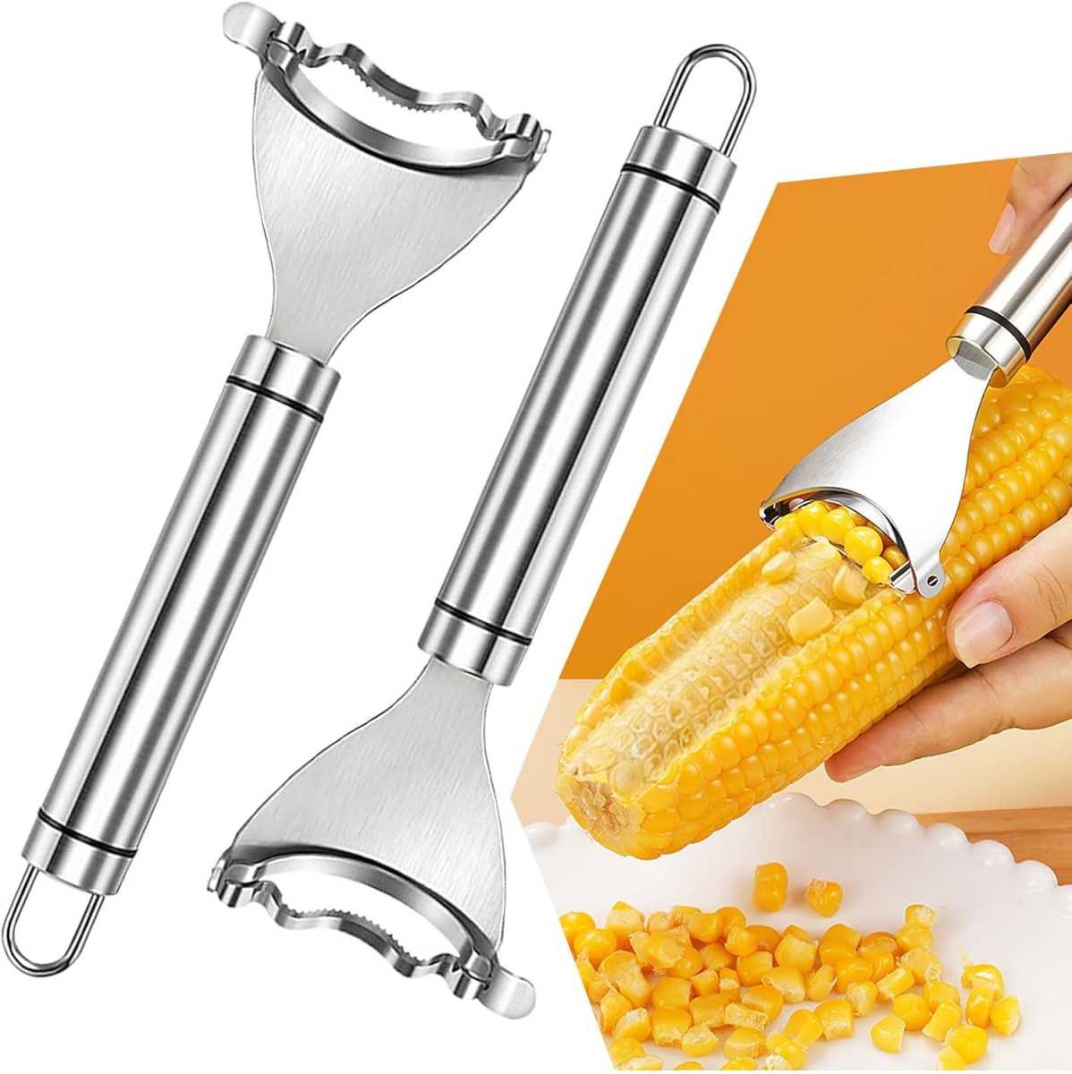 Corn Peeler, 2 Pcs Stainless Steel Corn Peeler for Corn On The Cob Efficient Corn Cob Stripper Corn Kernel Remover Tool with Ergonomic Handle Ideal Corn Planer Thresher for Kitchen (2PCS Silver)