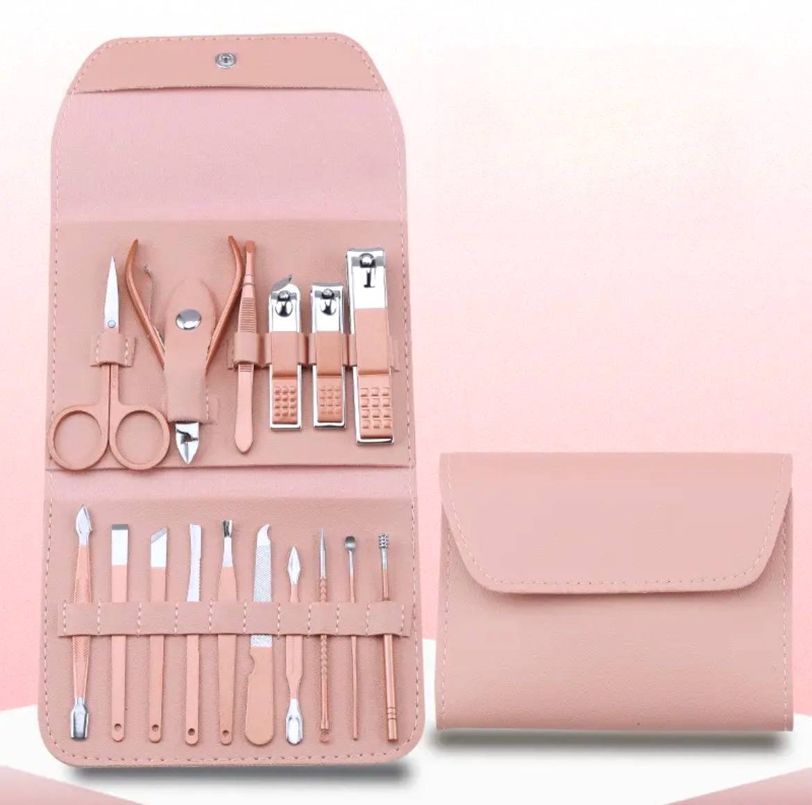16-Piece Stainless Steel Manicure and Pedicure Set, Home Nail Clippers and Cuticle Tools Kit for Hand, Foot, and Facial Care—Pink