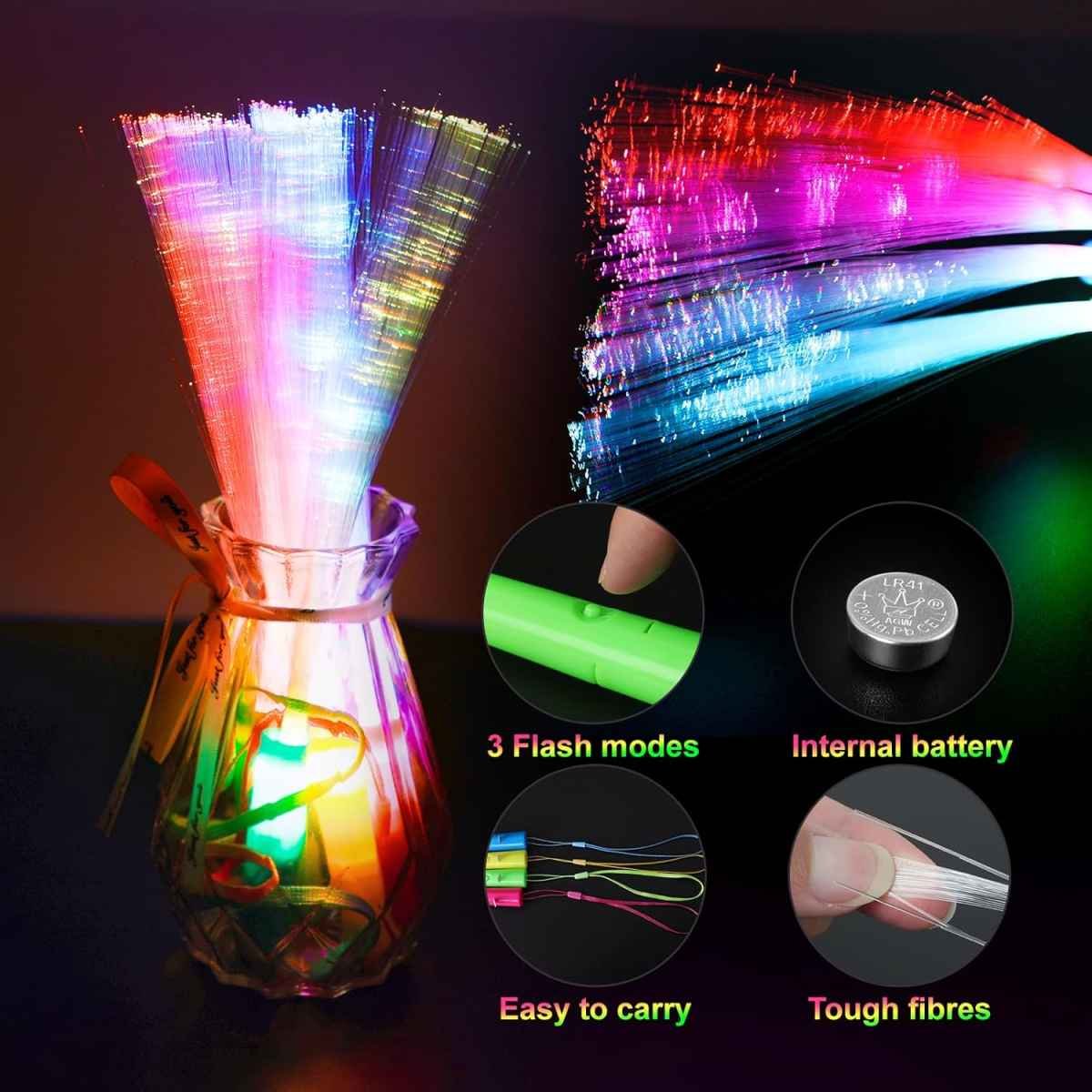 10 Led Fibre Glow Sticks Multi-Coloured Flashing Glow Sticks with 3 Light Modes For Night Parties, Birthday Parties, Easter, Discos, Concerts, Christmas, Carnivals, Weddings(Random Colour)