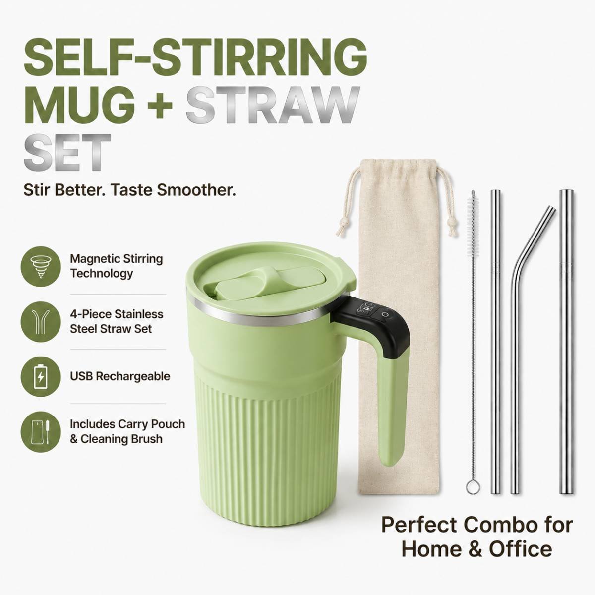 Green Self Stirring Coffee Mug Electric Temperature Display Cup 14.4cm (5.67in) Stainless Steel Insulated Travel Mug with 3-Piece Stainless Steel Straw Set for Coffee Milk Protein Shakes