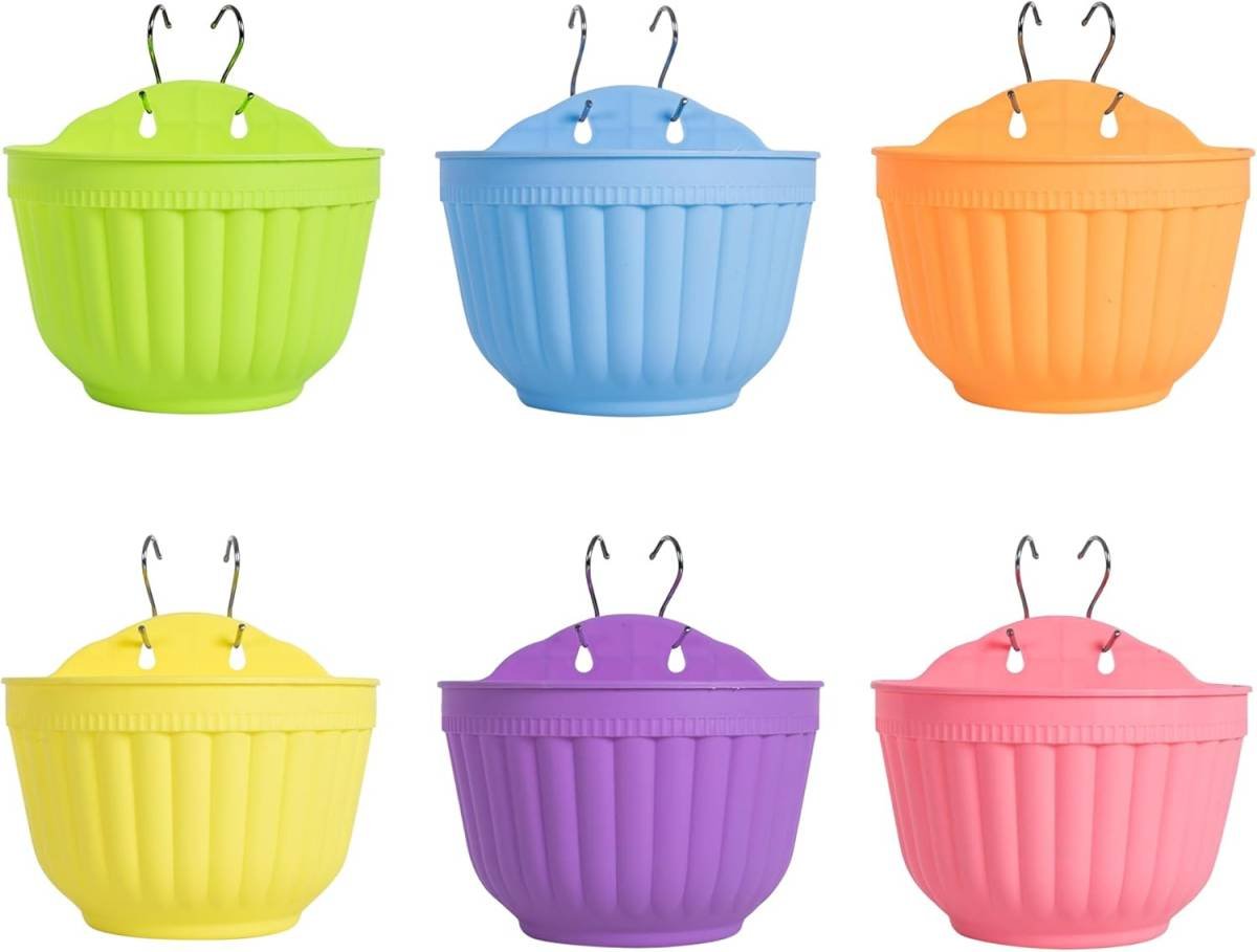 6 Pack Colorful Wall Hanging Planters for Indoor Outdoor Plants, Hanging Plant Holder with Drainage Hole, Fence Balcony Planters Railing Hanging Pot, Plant Wall Mount Decor with Hooks/Screws