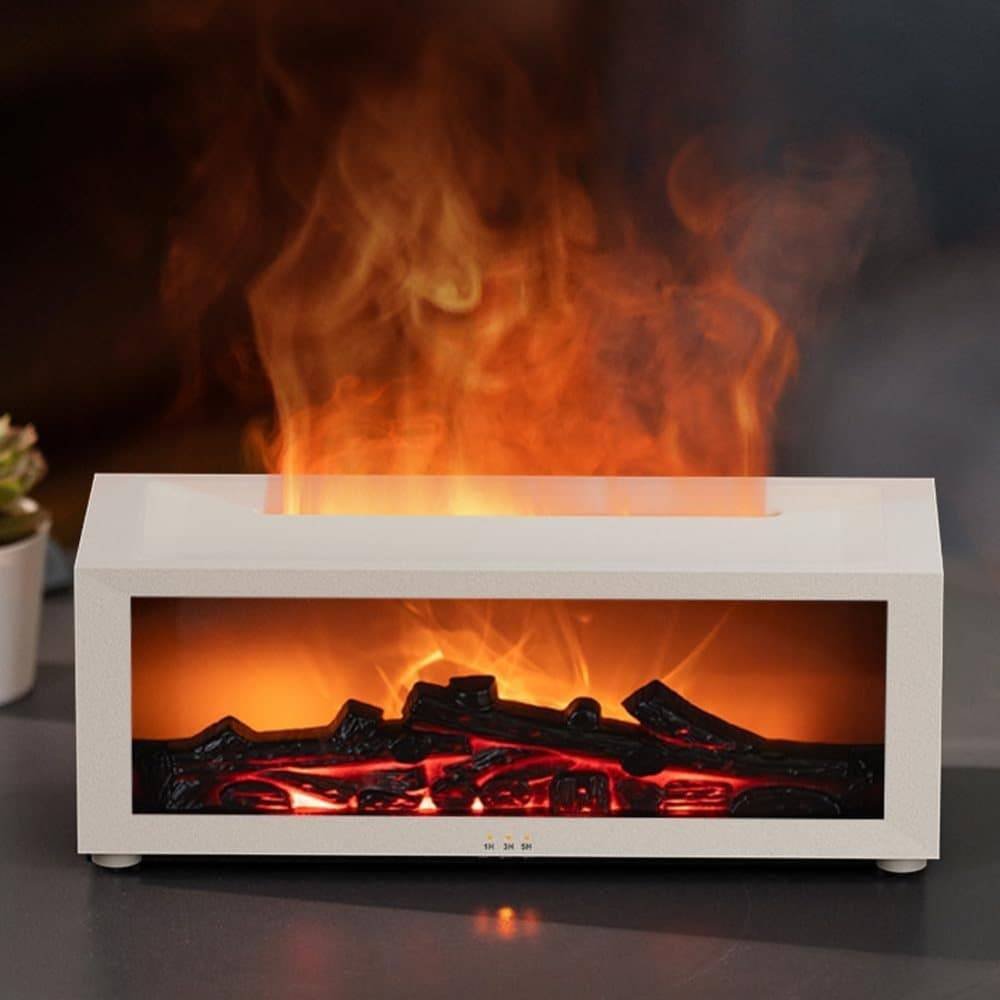 150ml White Humidifier with Fireplace Flames, 7-Color LED, Aromatherapy Diffuser, Remote Control, 3-Level Timer, Quiet Operation