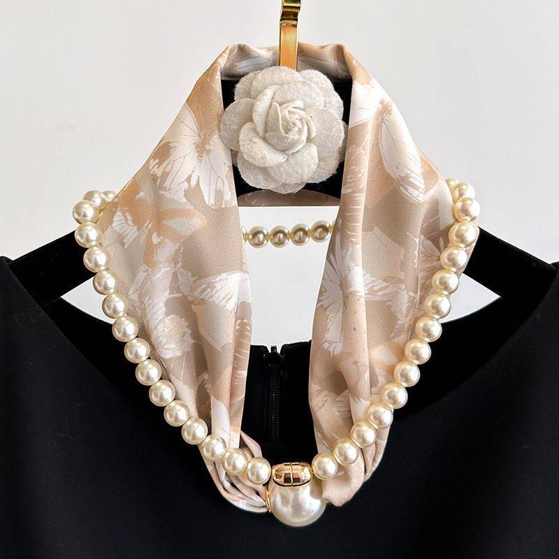 Beige 2-in-1 Magnetic Pearl Scarf & Necklace Set - Floral Print Polyester Neck Wrap with Detachable Bead Chain